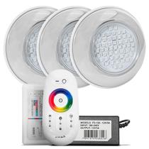 Kit Iluminação Piscina 03 Power LED 9w Inox RGB Brustec + 01 Comando Touch + Fonte 60w
