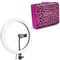 Kit Iluminador Ring Light 12" LED USB + Estojo Maquiagem Oncinha Rosa