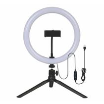 Kit Iluminador Ring Light Led 10" 8W 3000K/4200/6500K Preta 5V Usb C/ Tripé 19cm e Suporte P/ Celular