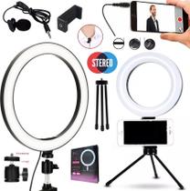 Kit Iluminador Ring Light Led 3 Cores Tripé Microfone de Lapela Profissional + Suporte Celular Universal Smartphone