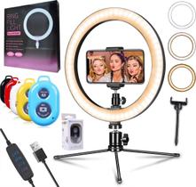 Kit Iluminador Ring Light Luz Led Anel Profissional Celular Universal Controle Bluetooth Foto Vídeo Make Gravação