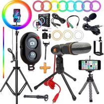 Kit Iluminador Ring Light Luz Led Colorida Rgb Completo + Tripé Suporte Celular Universal Makeup Profissional Microfone Kit Iluminador Ring Light Luz Led Colorida Rgb Completo + Tripé Suporte Celular Universal Makeup Profissional Microfone