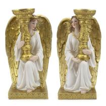 Kit Imagem Anjo da Guarda com Castiçal Lado Direito e Lado Esquerdo Importado Resina 20 cm