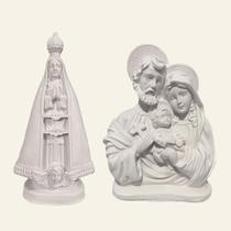 Kit Imagem Nossa Senhora Aparecida e Sagrada Família Auréola Gesso Cru