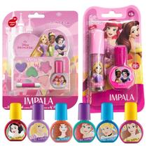 Kit Impala Disney Princesas: Kit De Maquiagem + 8 Esmaltes Infantil De 6ml e Brilho Labial
