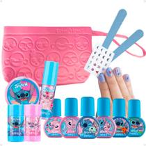 Kit Impala Stitch com 12 itens + Mimo: 6 Esmaltes, Lixa, Adesivo, Paleta, Brilho Labial e 2 Giz Cabelo