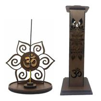 Kit Incensário de Madeira Torre Grande + Incensário Mandala Wood Burning Para Incensos