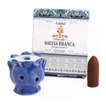 Kit Incensário Indiano Cascata Azul e Incenso Sálvia Branca