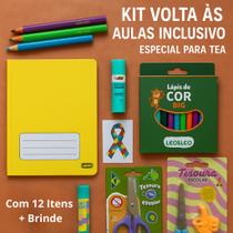 Kit Inclusivo Escolar TEA Lápis Borracha Apontador Caderno 14x20cm Cola Estojo Adaptador Corretor d
