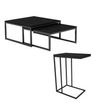 Kit Industrial Duo Mesa De Centro Catarina 35x135 E Mesa Lateral Encaixe Elena 70x45 Mdf - Preto