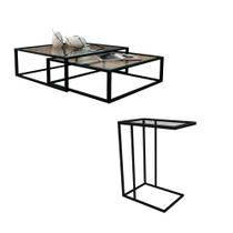 Kit Industrial Duo Mesa De Centro Catarina 35x135 E Mesa Lateral Encaixe Elena 70x45 Vidro - Preto