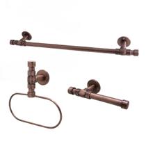 Kit Industrial Rustico Banheiro Lavatório Papeleira + Porta Toalha Argola + Toalheiro Barra Rosé Cobre Velho Metal Luxo