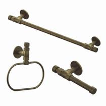 Kit Industrial Rustico Toalheiro + Papeleira + Porta Toalha Argola Dourado Ouro Velho Metal Luxo