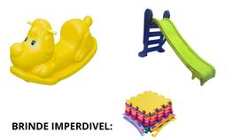Kit infantil 1 gangorra cachorro amarelo que suporta até 50 kg + 1 escorregador médio com 3 degraus + brinde incluso 4 t