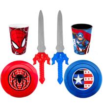 Kit Infantil 2 Espadas 2 Escudos 2 Copos Homem Aranha e Capitão América
