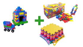 Kit infantil 30 peças multi blocos para montar infantil + 1 tatame 50x50 antiderrapante + 30 peças de lig barras para mo