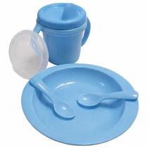 Kit infantil alimentação prato caneca com bico e 2 colheres azul Plasutil ref. 18742 Kit infantil alimentação prato caneca com bico e 2 colheres azul Plasutil ref. 18742