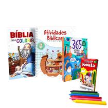 Kit Infantil Atividades Bíblicas + 365 Histórias Bíblicas + Bíblia para Colorir com Giz de Cera