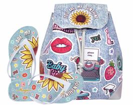 Kit Infantil Bolsa Juvenil Feminino Mochila e Chinelo Stickers Magicc