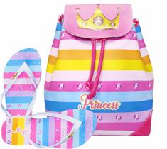 Kit Infantil Bolsa Juvenil Menina Mochila Chinelo Listras Coloridas Magicc Kit Infantil Bolsa Juvenil Menina Mochila Chinelo Listras Coloridas Magicc