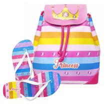 Kit Infantil Bolsa Juvenil Menina Mochila Chinelo Listras Coloridas Magicc