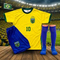 Kit Infantil Camisa e Shorts de Futebol Torcedor Brasil com Meião Azul Kit Infantil Camisa e Shorts de Futebol Torcedor Brasil com Meião Azul