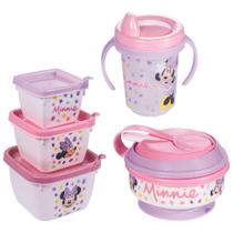 Kit infantil caneca com bico, conjunto 3 potes e pote papinha com amassador Minnie Plasutil