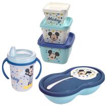 Kit infantil caneca com bico, conjunto 3 potes e pote papinha com divisória Mickey Plasutil