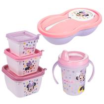 Kit infantil caneca com bico, conjunto 3 potes e pote papinha com divisória Minnie Plasutil