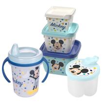 Kit infantil caneca com bico, porta leite em pó e conjunto 3 potes Mickey Plasutil