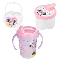 Kit infantil caneca com bico, porta leite em pó, e porta chupetas Minnie Plasutil