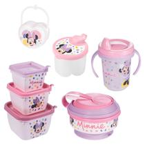 Kit infantil caneca com bico, pote papinha com amassador, porta leite em pó, cj 3 potes e porta chupetas Minnie Plasutil Kit infantil caneca com bico, pote papinha com amassador, porta leite em pó, cj 3 potes e porta chupetas Minnie Plasutil