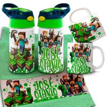 Kit Infantil Caneca de Polímero Squeeze Garrafinha de Agua Toalhinha Minecraft com nome Kit Infantil Caneca de Polímero Squeeze Garrafinha de Agua Toalhinha Minecraft com nome