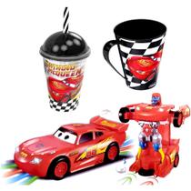 Kit Infantil Carrinho Robô + Xícara e Copo Carros Relâmpago Mcqueen