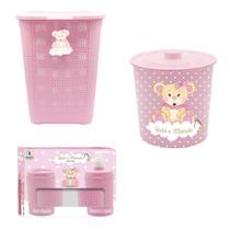 Kit Infantil Cesto de Roupas 30L + Lixeira 3L + 2x1 Rosa
