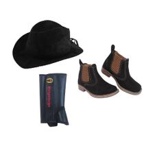 Kit Infantil Chapéu Country + Perneira Sintética Para Criança + Botina Cowboy Couro