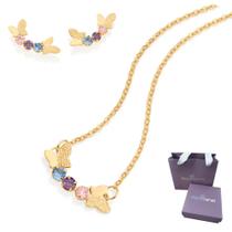 Kit Infantil Colar E Brincos Borboletas Banhados A Ouro 18k Com Zircônias Rommanel