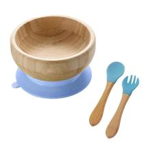 Kit Infantil com 3 Utencilios Tigela Com Ventosa Talherem Em Bambu Resistente Ecologico Azul Mimo Style