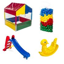 Kit Infantil com Piscina de Bolinhas, Escorregador, Gangorra e 500 Bolinhas Coloridas Brinquedo Diversão Crianças