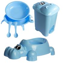 Kit Infantil Comedouro Tartaruga + Troninho + Lixeira Hipopotomo 7L Azul Kit Infantil Comedouro Tartaruga + Troninho + Lixeira Hipopotomo 7L Azul