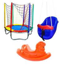 Kit Infantil Completo Cama Elástica 1,40m, Gangorra Cavalo e Balanço Baby Azul