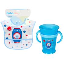 Kit Infantil Copo De Treinamento Mais Babador Com Bolso Foguete Azul - Buba