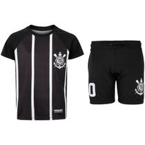 Kit Infantil Corinthians Oficial Camiseta Listrada Preta Bermuda Esportiva Timão Licenciada Futebol