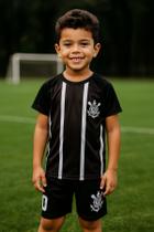 Kit Infantil Corinthians Oficial Camiseta Listrada Preta Bermuda Esportiva Timão Licenciada Futebol