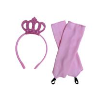 Kit Infantil Coroa Com Luvas Pink Barbie Princesa Festa Luxo