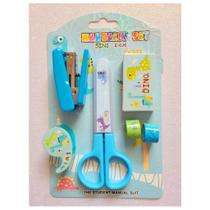 Kit Infantil de Papelaria: Tesoura Sem Ponta + Grampeador + Washi Tape azul