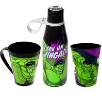 Kit Infantil do Hulk para Café Suco e Refri Garrafa Xícara Plástica e Copo