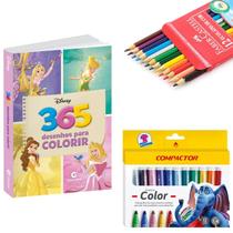 Kit Infantil Escolar c/ Livro para Colorir 365 Desenhos Princesas Disney + Material Pintura 12 Lápis Faber + Canetinha - Culturama