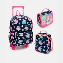 Kit Infantil Escolar Mochila Com Rodinhas Feminina Lancheira Termica Necessarie Com Divisória Unicornio Volta As Aulas