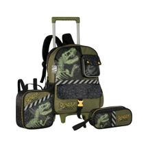 Kit Infantil Escolar Mochila Rodinhas TRex Dinossauro com Lancheira Térmica e Estojo Clio Oficial Original